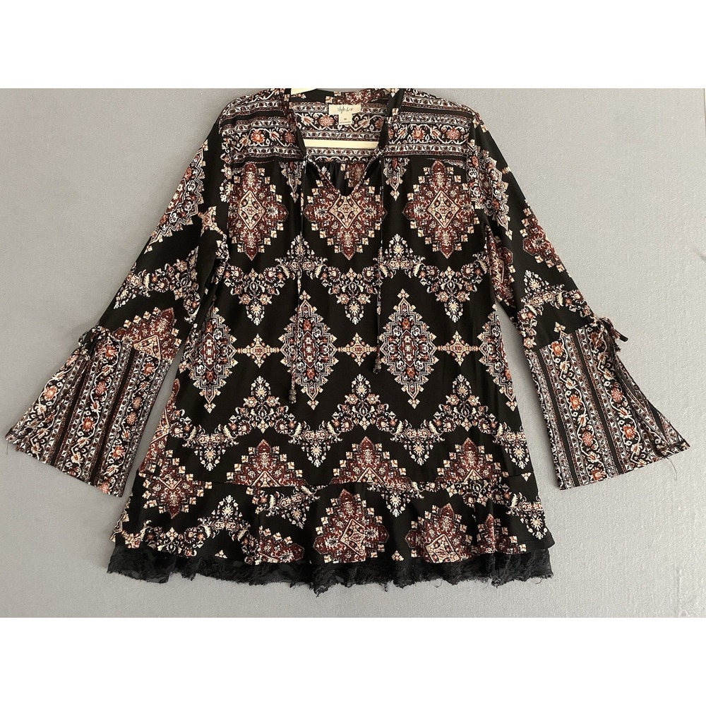 Style & Co Women M Bell Sleeve Tunic Top Fairy Grunge Black Lace Brown Boho Folk
